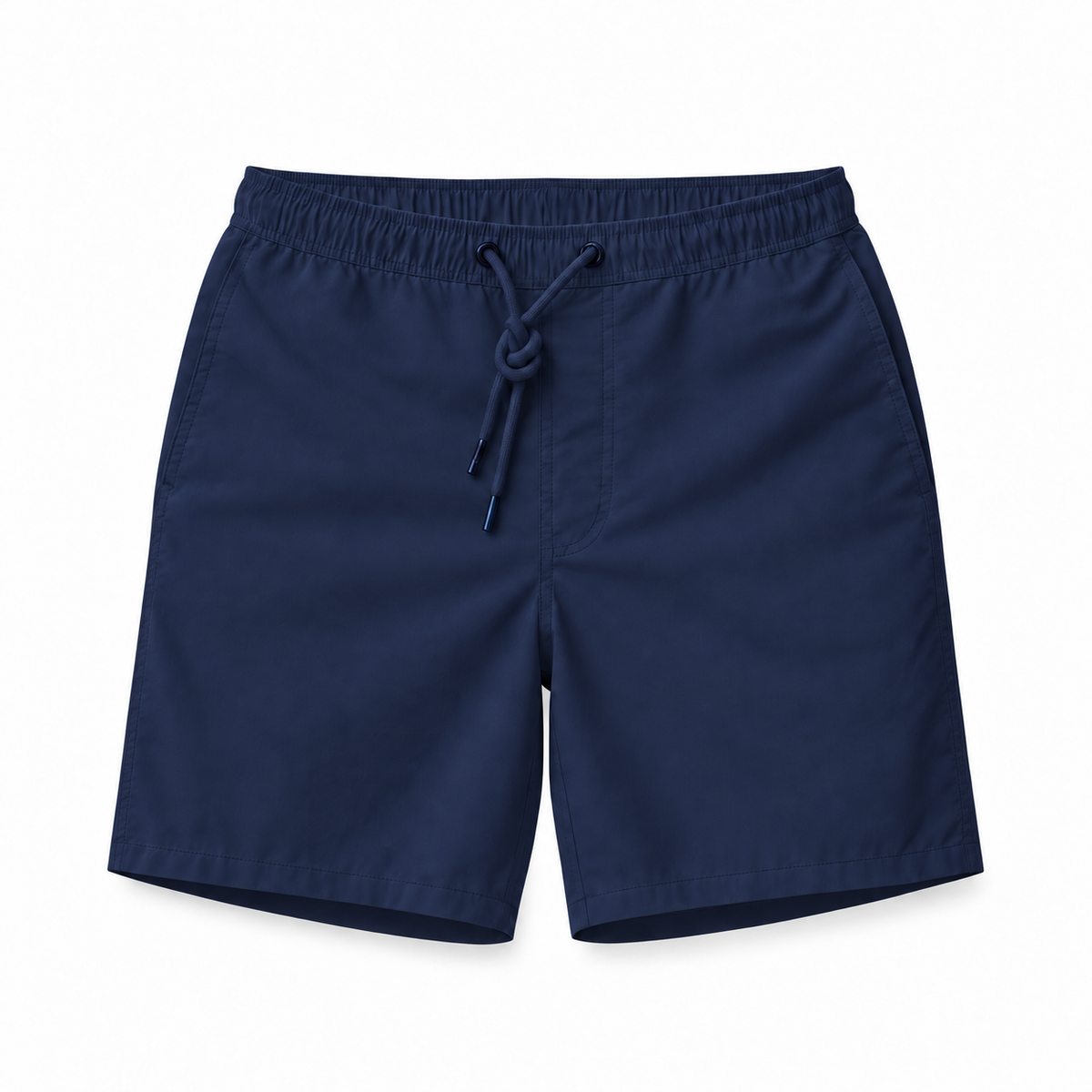 Mallorca zwemshort heren in diep navyblauw, vooraanzicht met taillekoord en steekzakken
