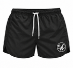 Riviera Retro zwemshort Deep Black, zwart vooraanzicht met SWC-logo en wit trekkoord