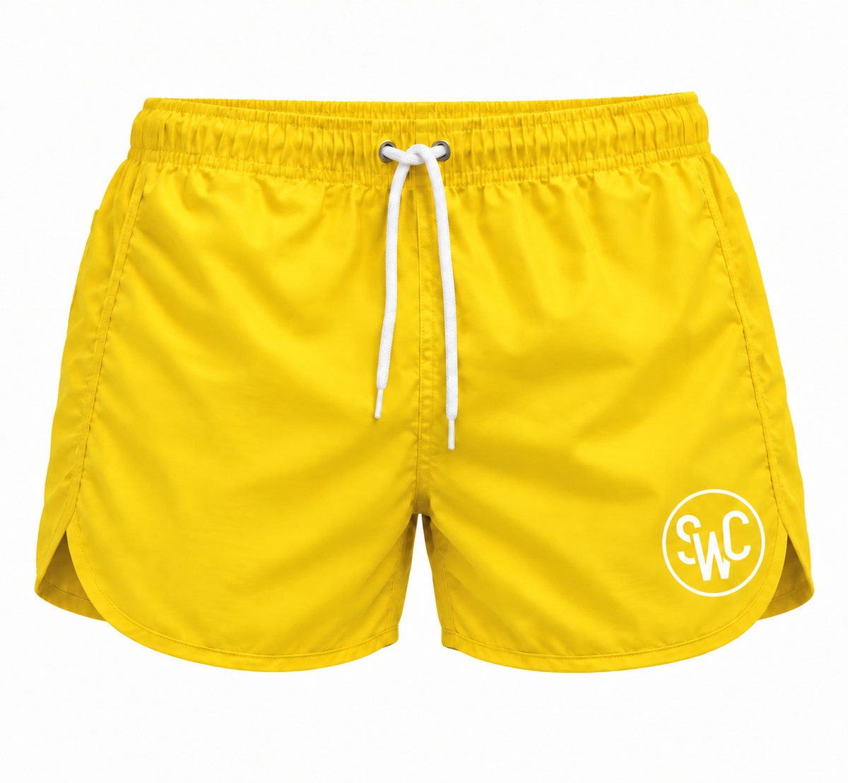 Riviera Retro zwemshort Sunbeam Yellow, geel vooraanzicht met SWC-logo en wit trekkoord
