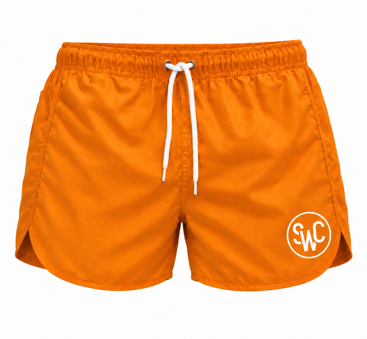 Riviera Retro zwemshort Sunset Orange, oranje vooraanzicht met SWC-logo en wit trekkoord
